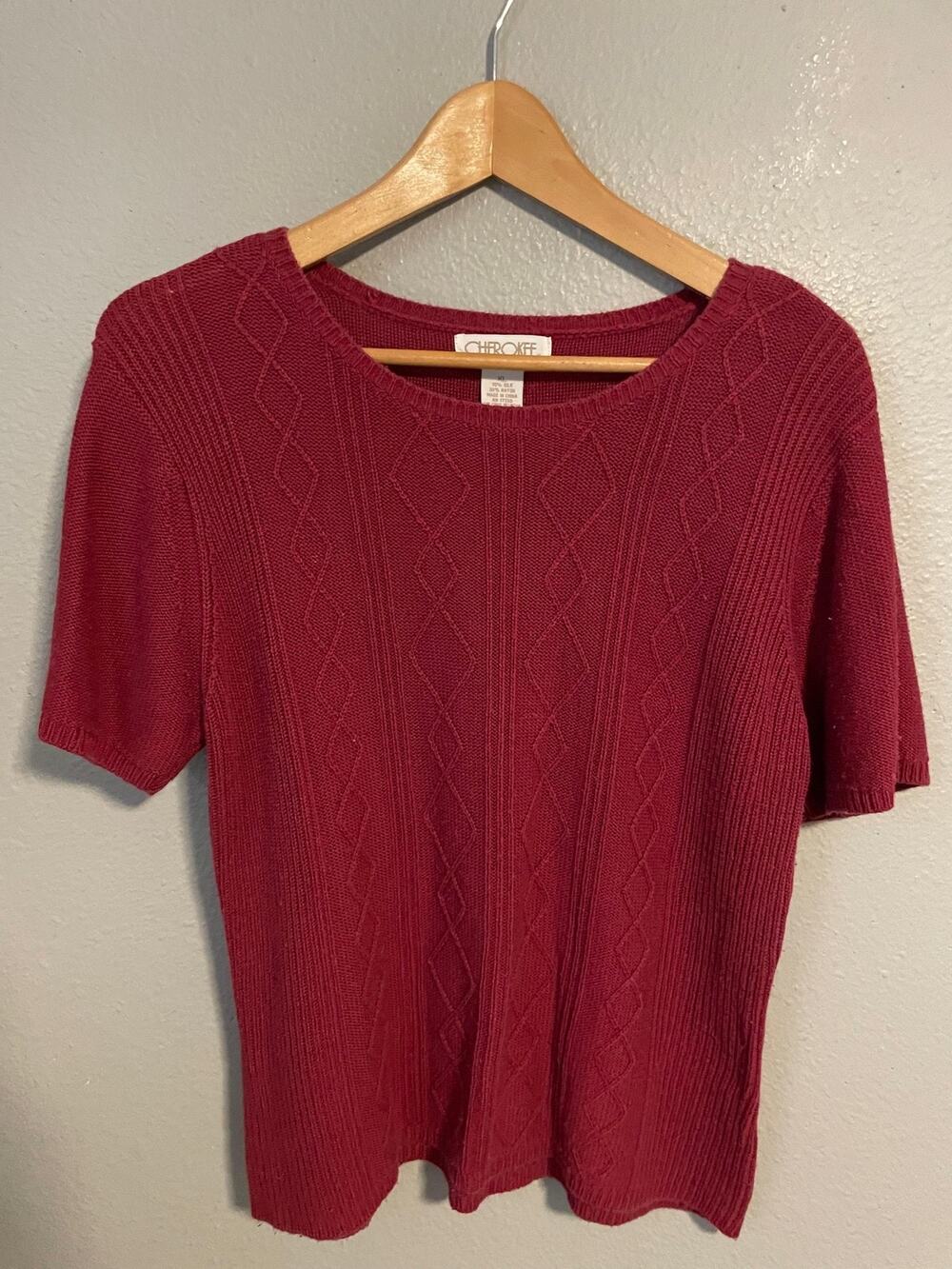 Vintage Cherokee Womens Sweater XL Red Silk Rayon Short Sleeve Granola 90s